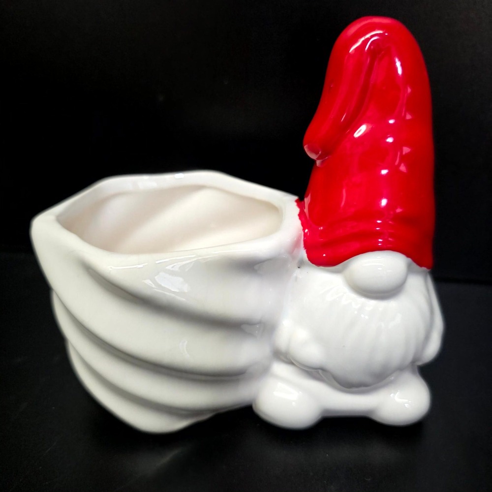 Gnome Planter Small Red White Ceramic Christmas Holiday Plant Decor Gift Kitsch